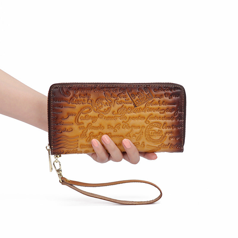 First Layer Cowhide Embossed Vintage Clutch Women’s Wallet - Layer Cowhide Clutch Wallet for Classy Vintage Vibes