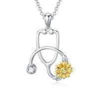 925 Sterling Silver Sunflower Stethoscope Medical Doctor Nurse Student Graduation Pendant Necklace