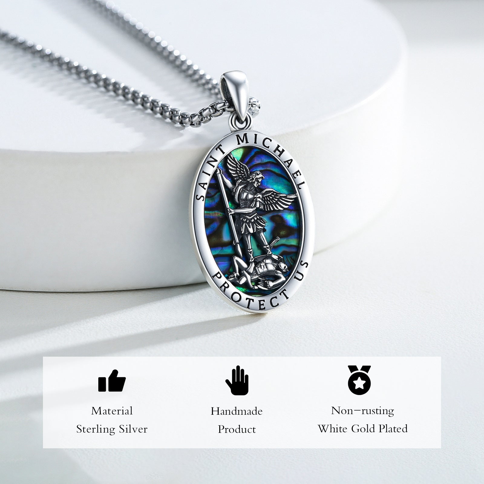 Abalone Shell Saint Michael Pendant Necklace in 925 Sterling Silver - Saint Michael Pendant: Abalone Shell Guardian