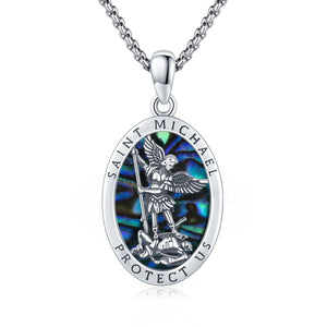 Abalone Shell Saint Michael Pendant Necklace in 925 Sterling Silver - Saint Michael Pendant: Abalone Shell Guardian