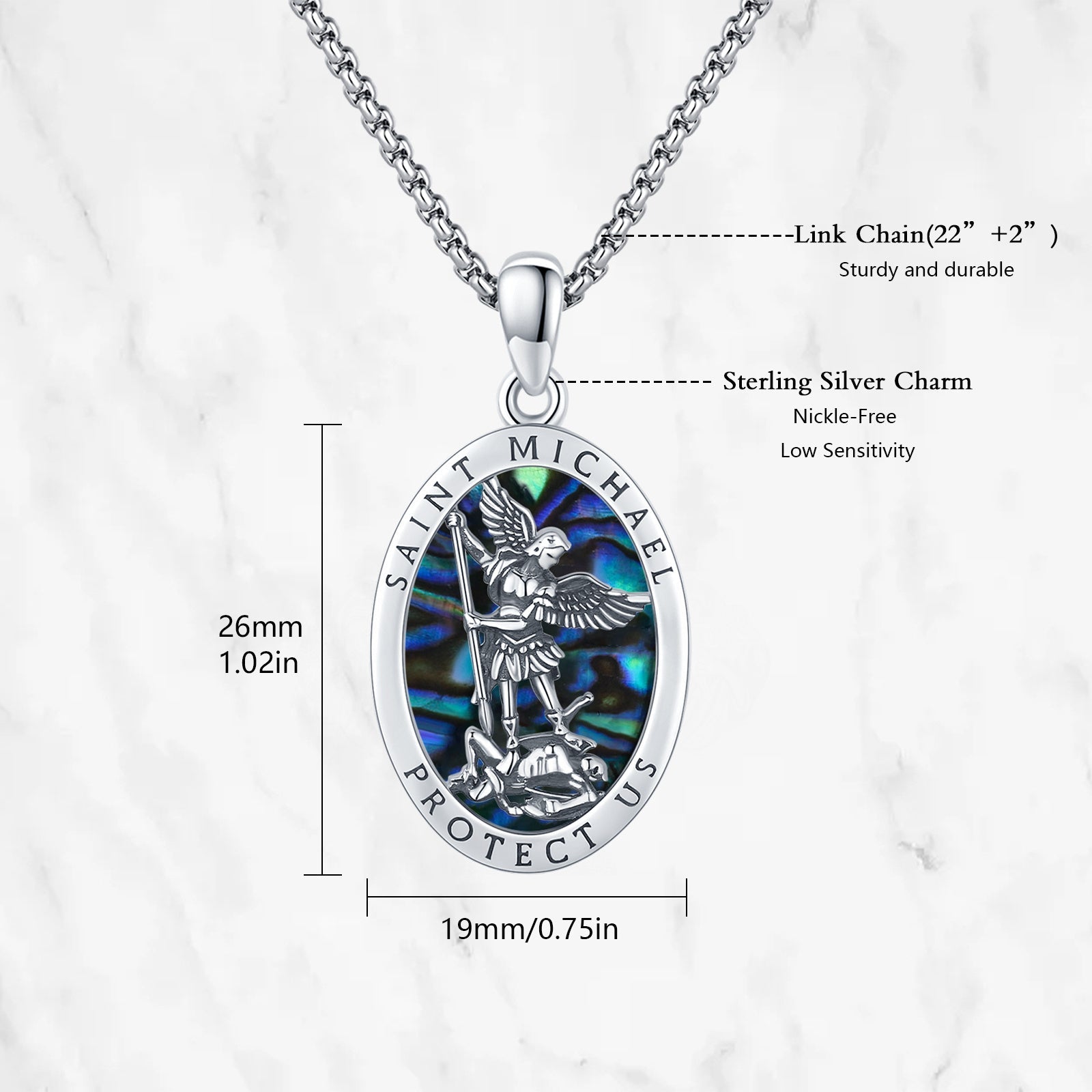 Abalone Shell Saint Michael Pendant Necklace in 925 Sterling Silver - Saint Michael Pendant: Abalone Shell Guardian