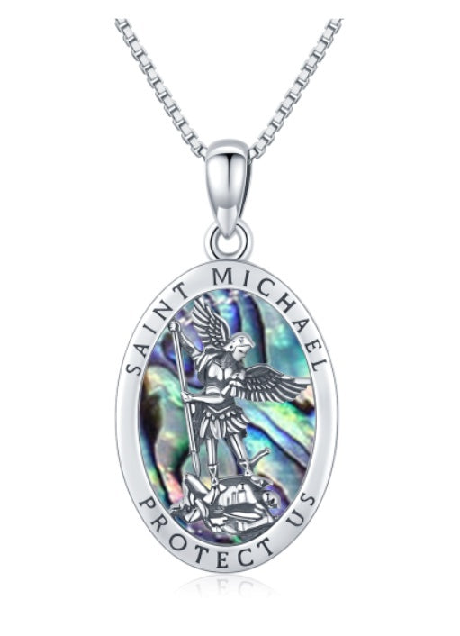 Abalone Shell Saint Michael Pendant Necklace in 925 Sterling Silver - Saint Michael Pendant: Abalone Shell Guardian