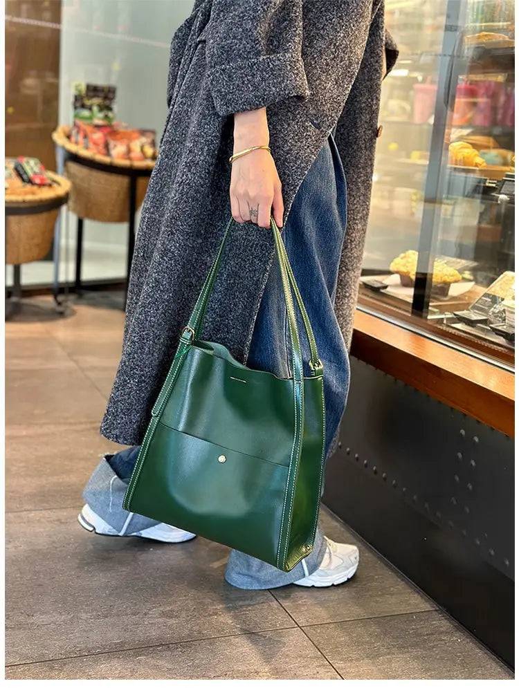 Genuine Leather Cowhide Tote Bag Square Handbag with Zipper Pocket for Women