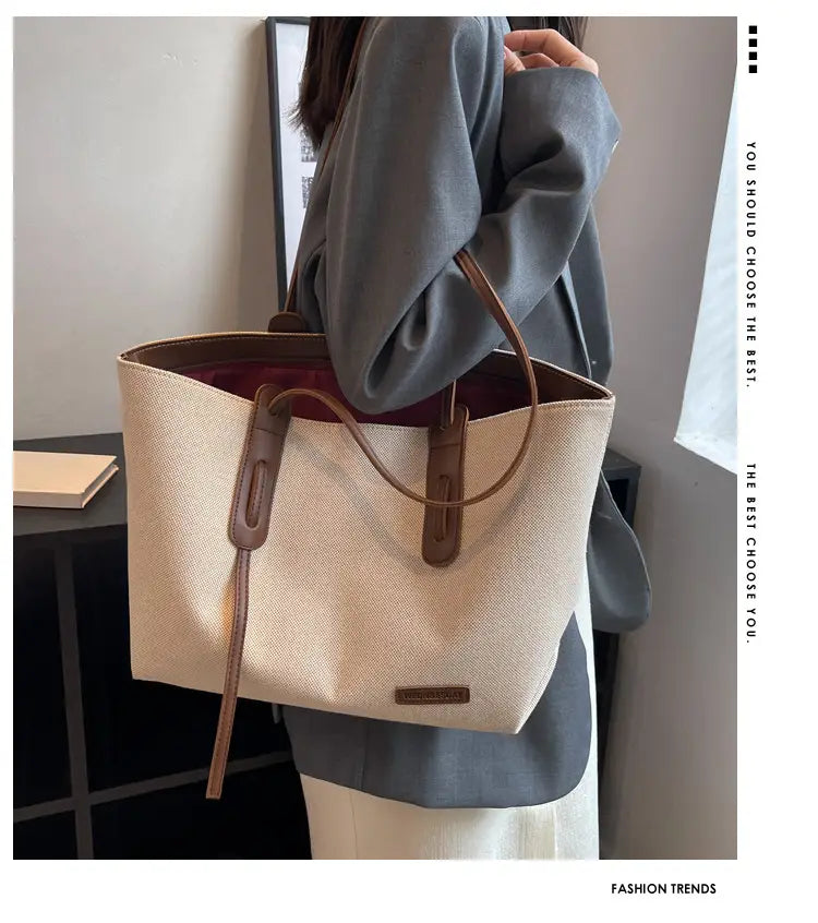 Canvas Shoulder Bag Large Oxford Tote Black Brown Double Strap for Travel Work