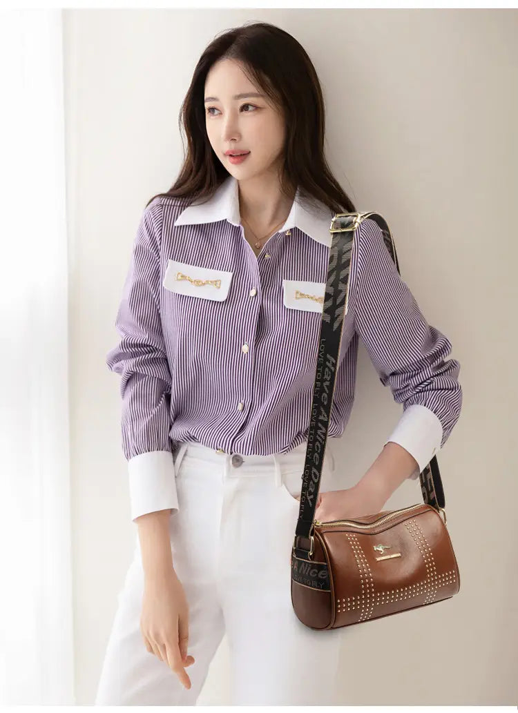 Color Contrast Patchwork Rivet Crossbody Bag with Soft Leather Shoulder Strap