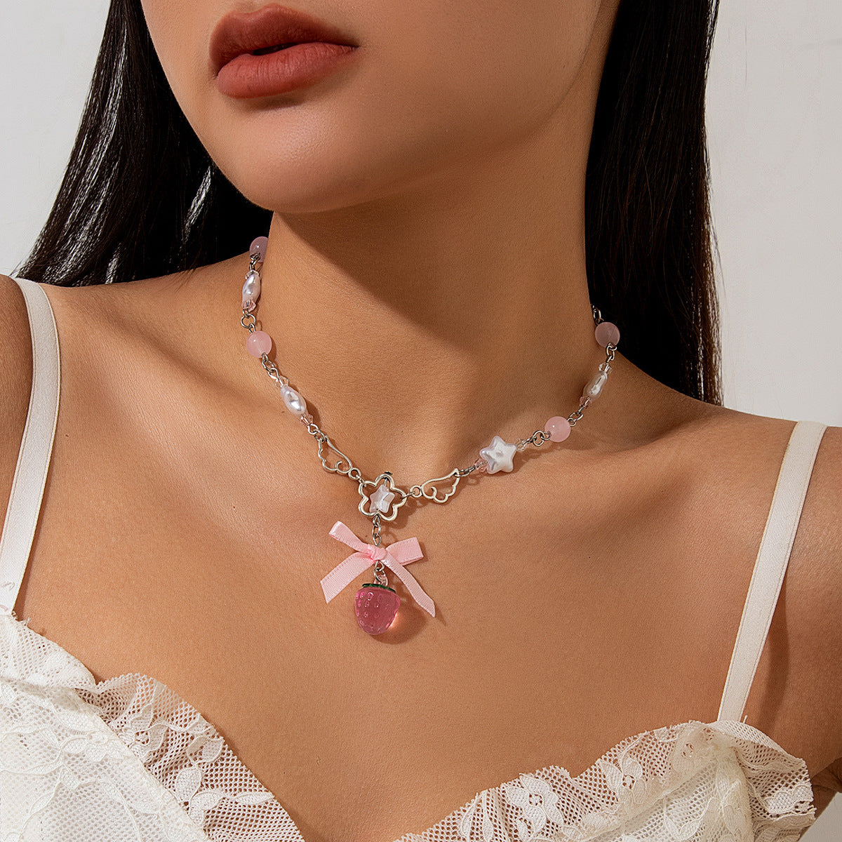 Acrylic Strawberry Fashion Necklace Pearl - Strawberry Bliss Necklace for Fruity Fashionistas