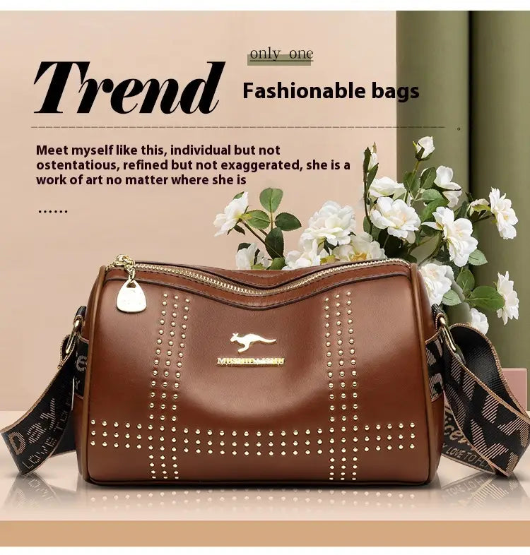 Color Contrast Patchwork Rivet Crossbody Bag with Soft Leather Shoulder Strap
