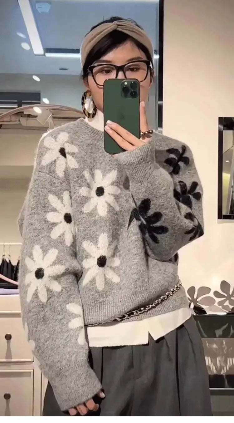 Harmaa kukka jacquard neulottu pullover pusero japanilainen korea rento löysä istuvuus