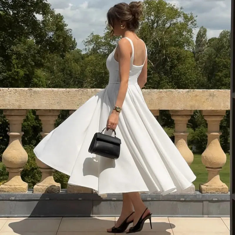 Sleeveless High Waist Midi Dress Milky White Black Blue Polyester S M L