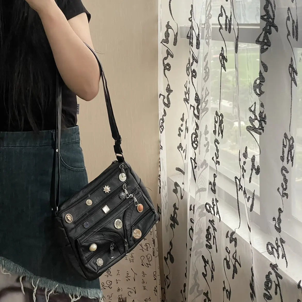 Washed Shoulder Messenger Bag with Vintage Button and Soft PU Lining