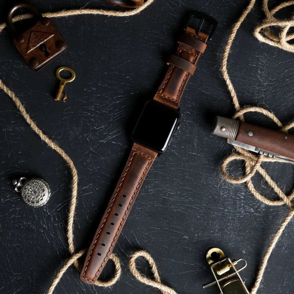 Handmade Dark Brown Leather Band Strap for Apple Watch 9 41mm - Luxurious leather band strap apple watch