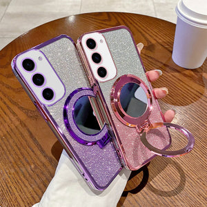 Applicable Phone Case Magnetic Mirror Bracket Protective Sleeve - Glitter Magnetic Suction Phone Case with Mirror Sleeve