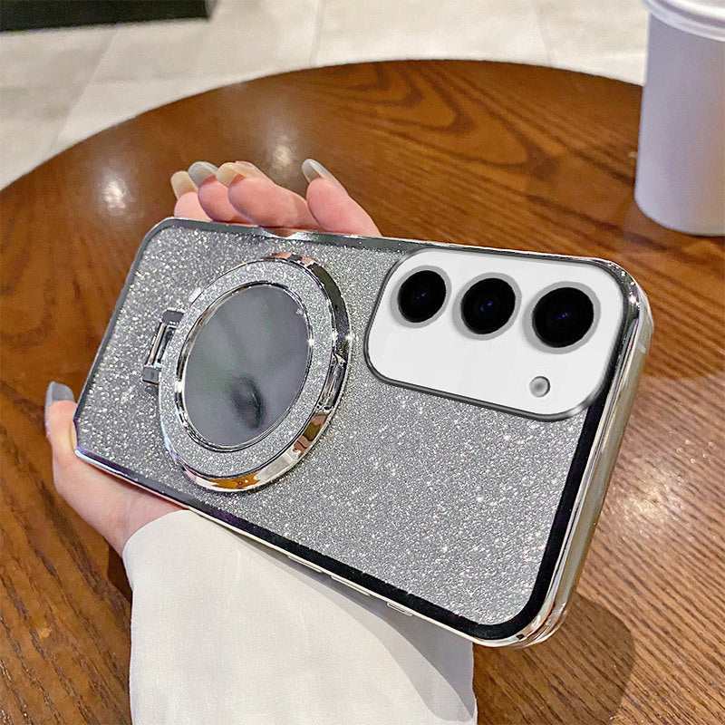 Applicable Phone Case Magnetic Mirror Bracket Protective Sleeve - Glitter Magnetic Suction Phone Case with Mirror Sleeve