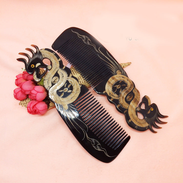 Authentic Large Carved Dragon Phoenix Hair Comb from Ox Horn - Your With An authentic large carved dragon phoenix ox