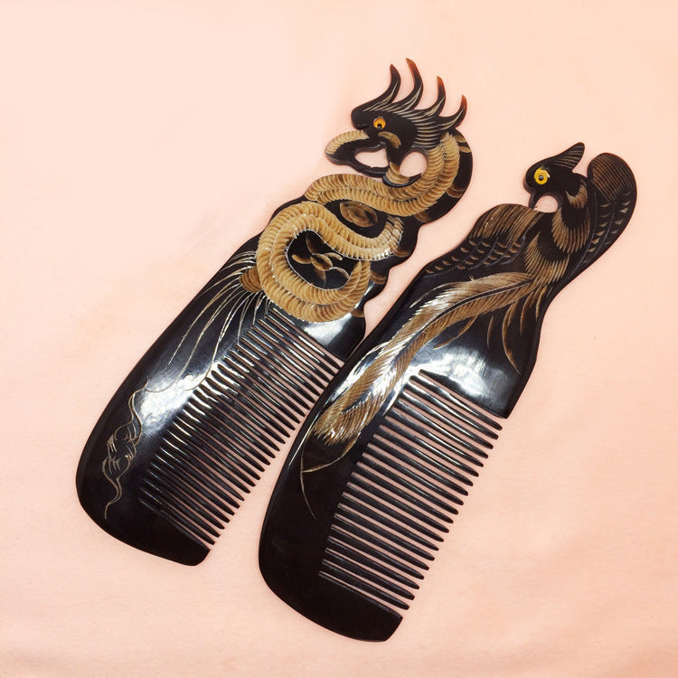 Authentic Large Carved Dragon Phoenix Hair Comb from Ox Horn - Your With An authentic large carved dragon phoenix ox