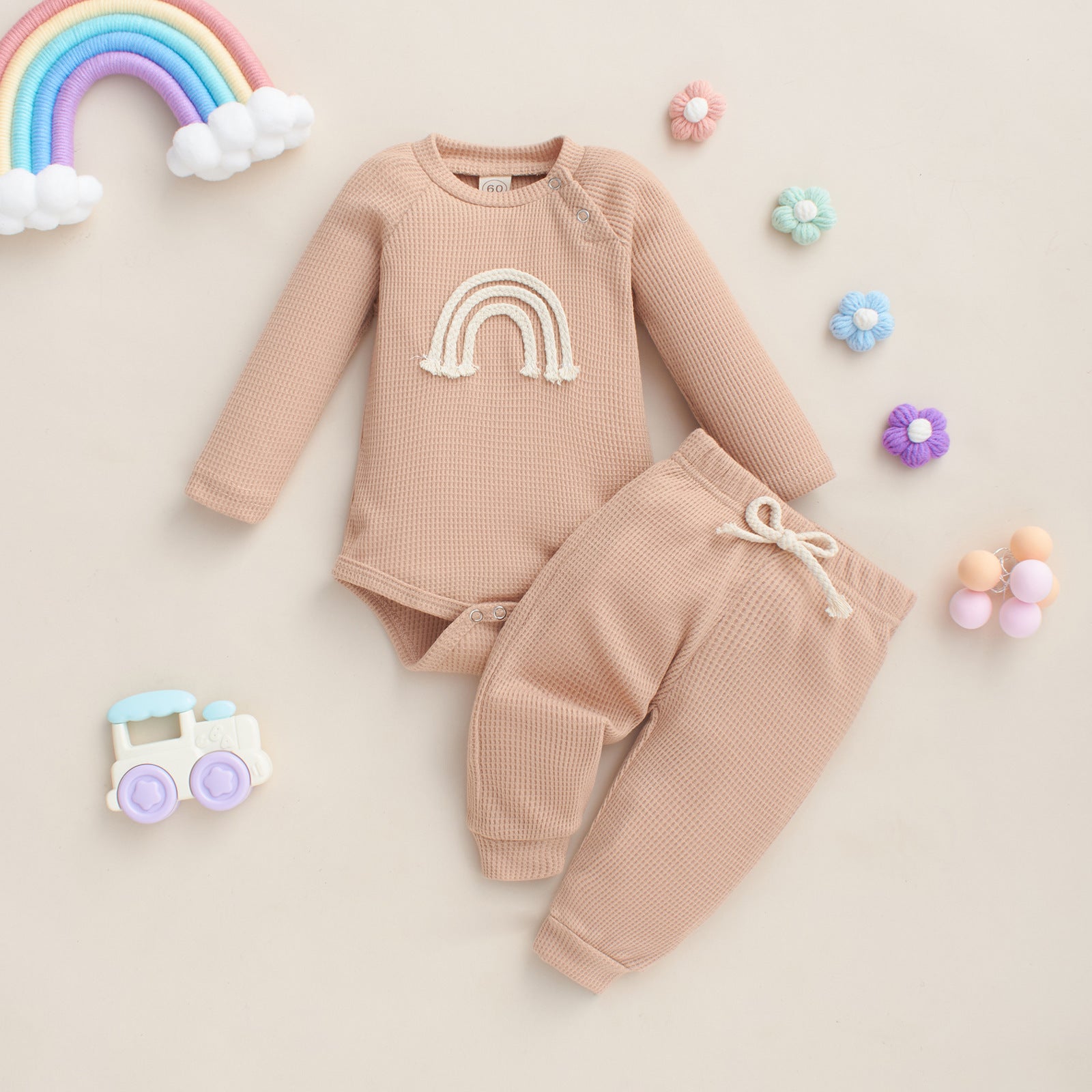 Autumn And Winter Infant Toddler Five-color Embroidered Rainbow Romper Two-piece Set - Cozy Rainbows for Tiny Tots