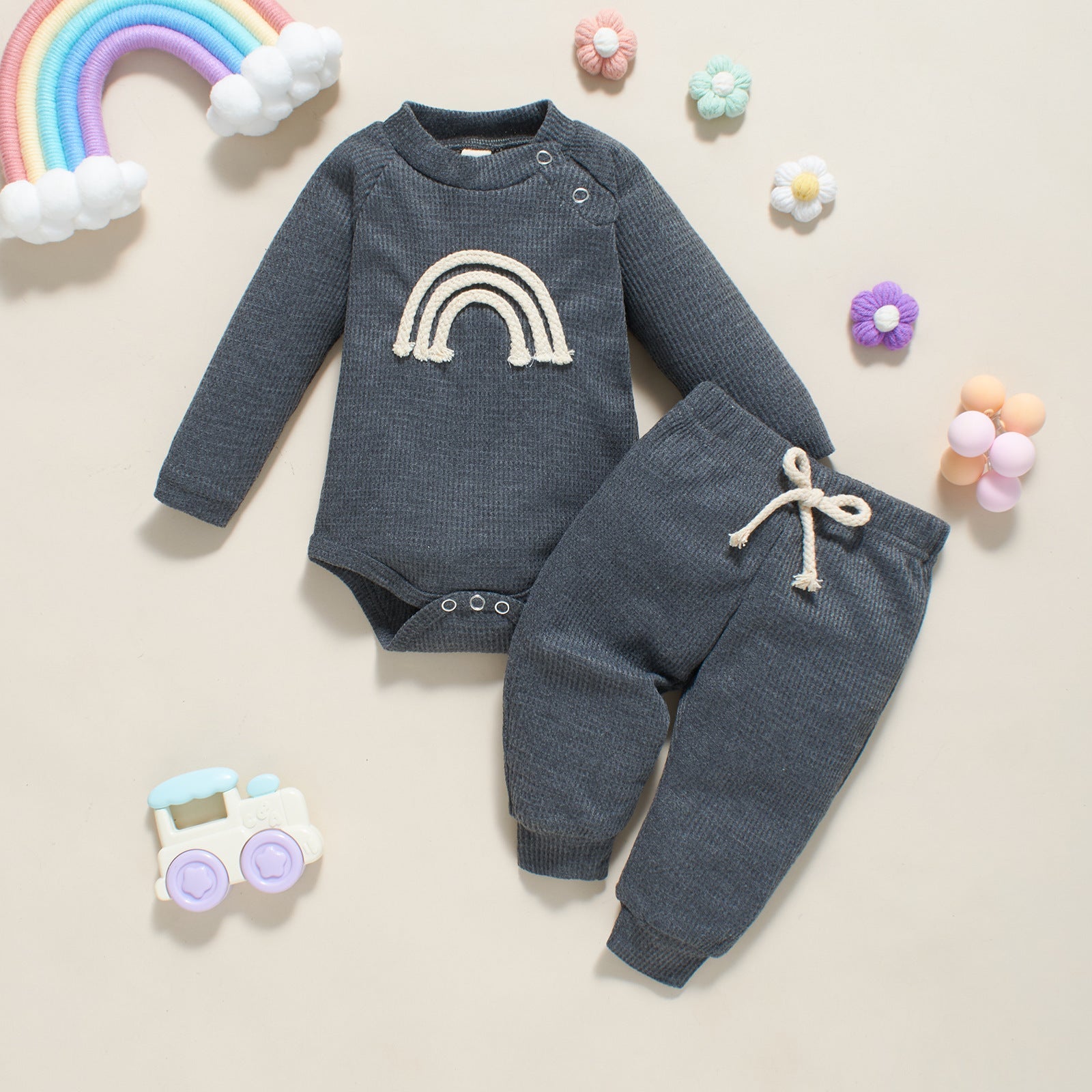 Autumn And Winter Infant Toddler Five-color Embroidered Rainbow Romper Two-piece Set - Cozy Rainbows for Tiny Tots