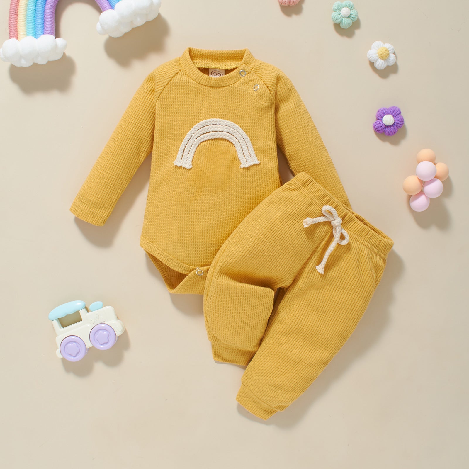 Autumn And Winter Infant Toddler Five-color Embroidered Rainbow Romper Two-piece Set - Cozy Rainbows for Tiny Tots