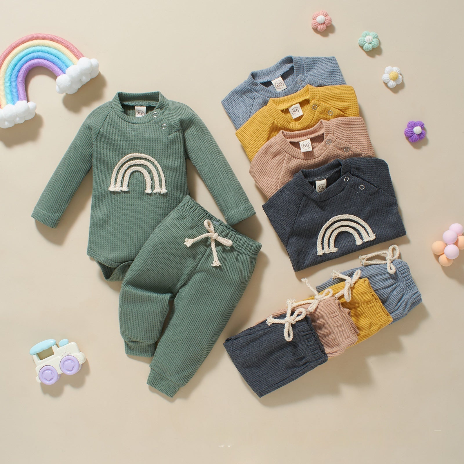 Autumn And Winter Infant Toddler Five-color Embroidered Rainbow Romper Two-piece Set - Cozy Rainbows for Tiny Tots