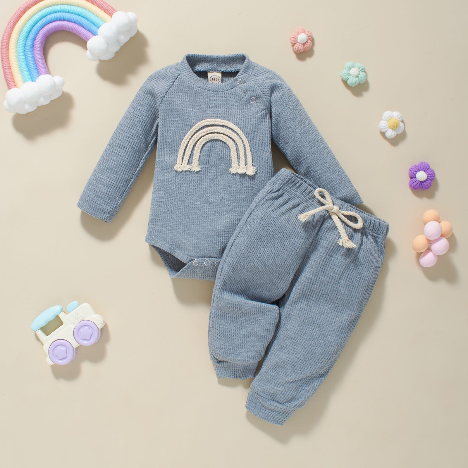 Autumn And Winter Infant Toddler Five-color Embroidered Rainbow Romper Two-piece Set - Cozy Rainbows for Tiny Tots