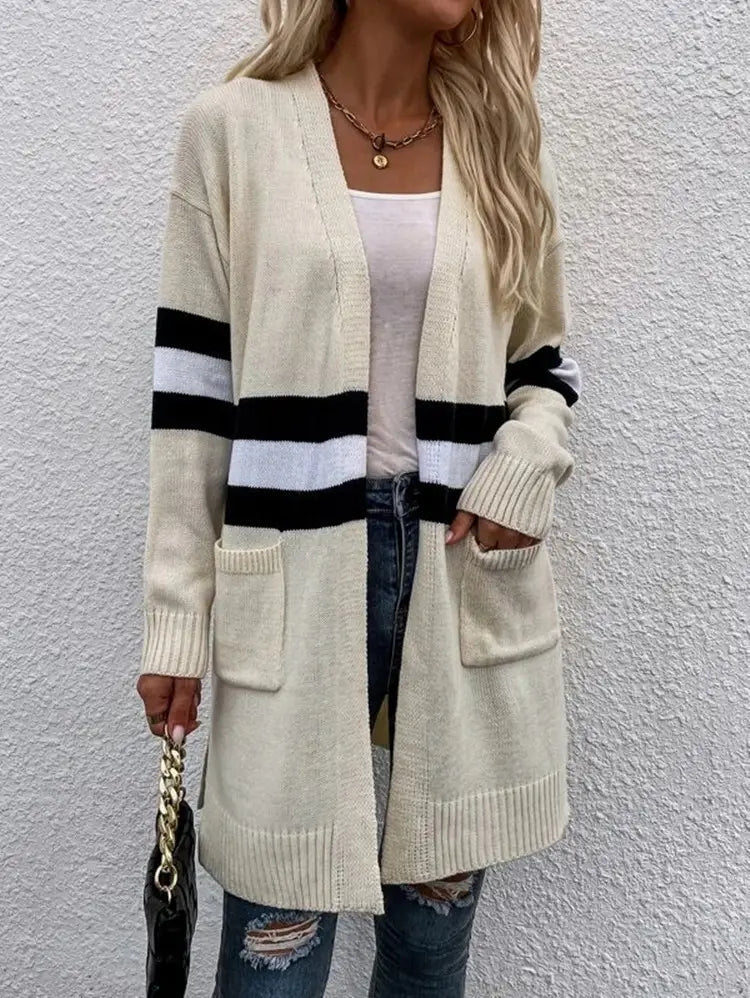Contrast Color Striped Cardigan Gray Apricot Street Fashion Acrylic Sweater