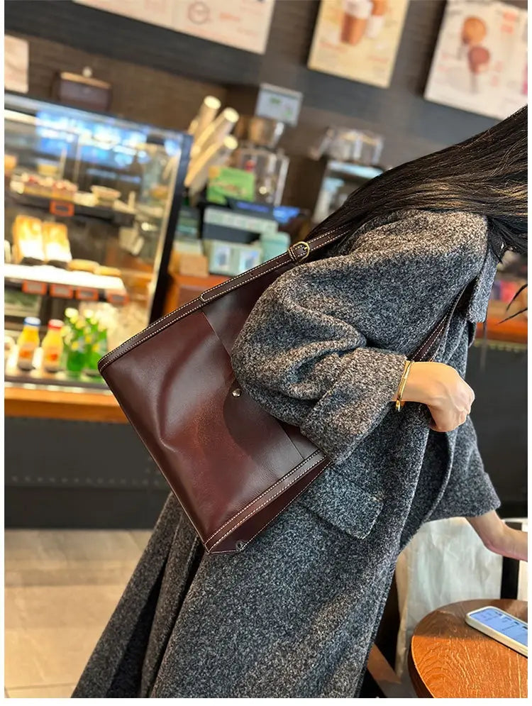 Genuine Leather Cowhide Tote Bag Square Handbag with Zipper Pocket for Women