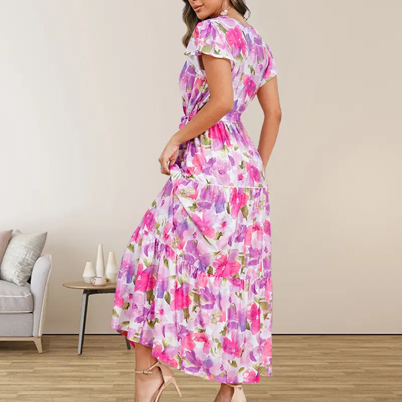 Floral Print Long A-Line Skirt Lace Up Mid Waist Boho Pullover Maxi