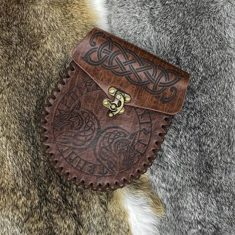 Leather Waist Purse with Alloy Buckle and Double Dragon or Wolf Design