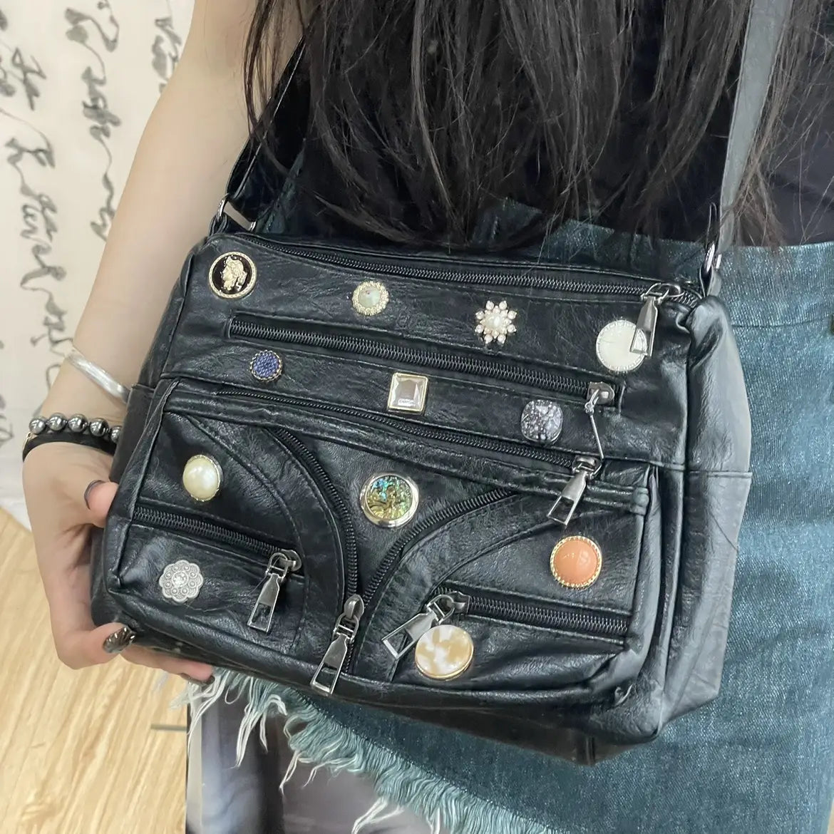 Washed Shoulder Messenger Bag with Vintage Button and Soft PU Lining