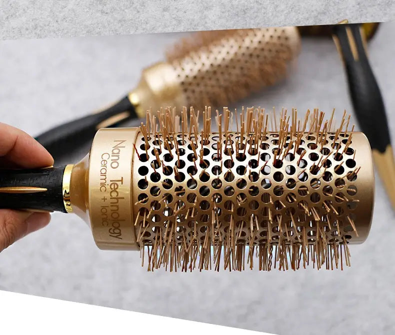 Golden Nylon Wool Ceramic Tube Rolling Comb with Pointed Tail for Hair Styling