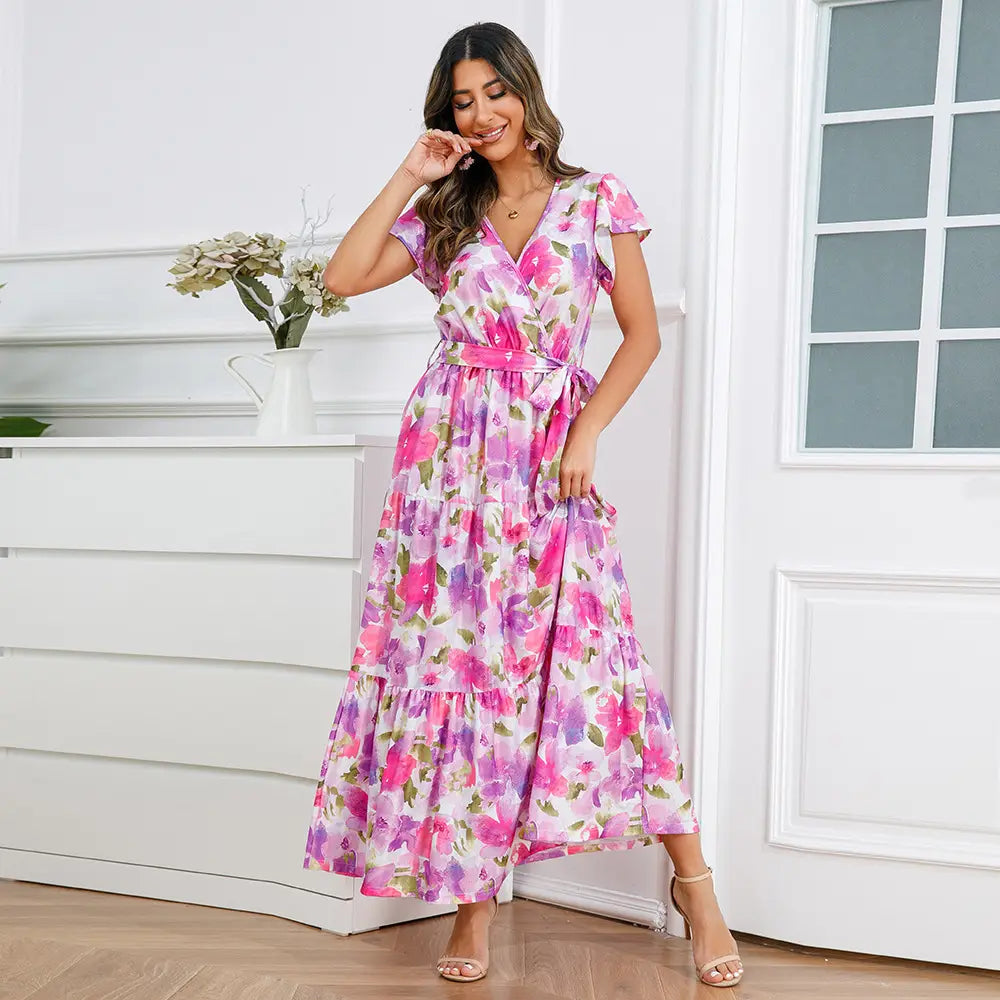 Floral Print Long A-Line Skirt Lace Up Mid Waist Boho Pullover Maxi