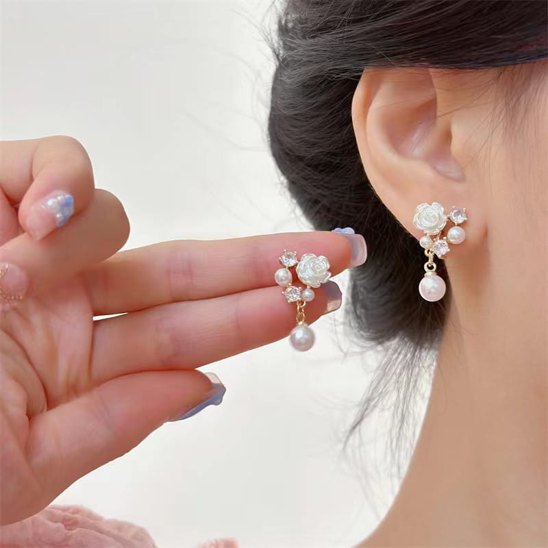 Camellia Pearl Zircon Small Eardrops Earrings Fashion