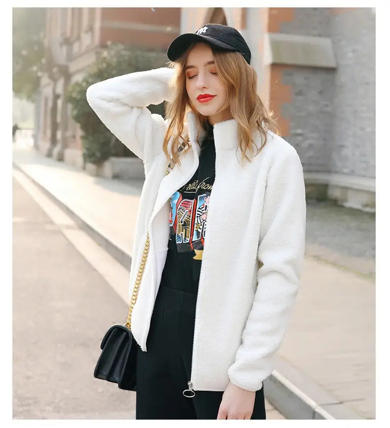 Women’s Polar Fleece Jacket Long Sleeve Solid Color Cozy Polyester Pullover