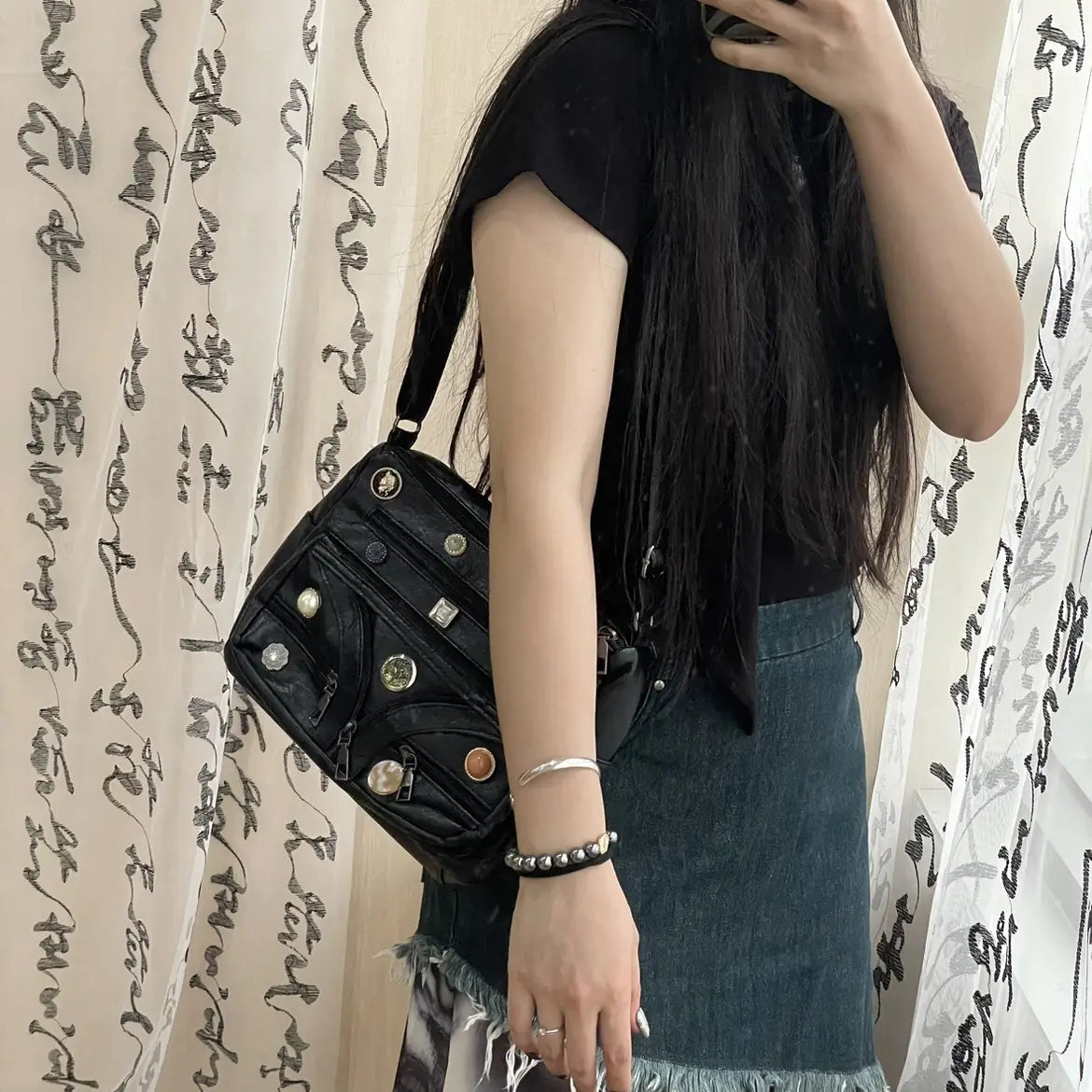 Washed Shoulder Messenger Bag with Vintage Button and Soft PU Lining