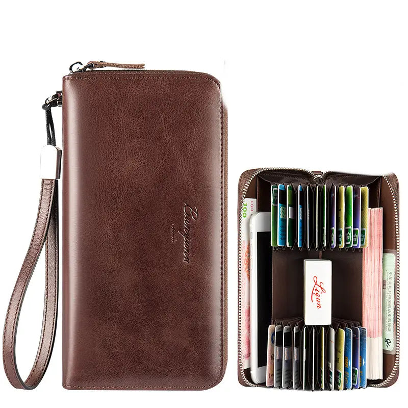 Leather Bank Card Holder Clutch Bag with Zipper and Key Slot