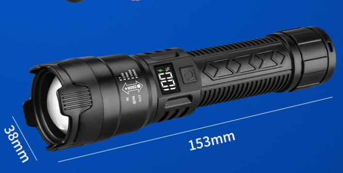 Black Digital Focus Flashlight with Portable Long Endurance and Strong Light