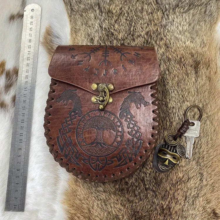 Leather Waist Purse with Alloy Buckle and Double Dragon or Wolf Design