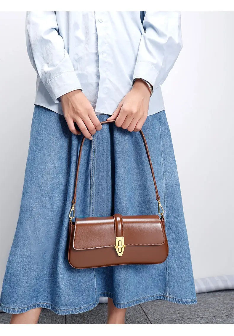 Genuine Leather Baguette Armpit Crossbody Bag with Advanced Texture Wild Design