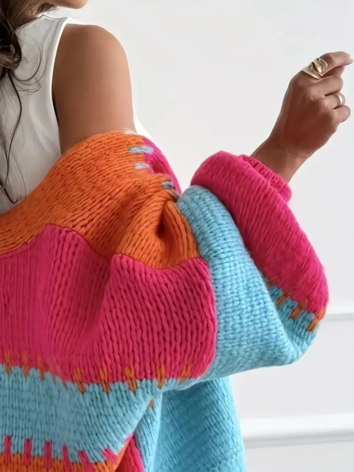 Couleur de contraste Couleur rétro Cardigan Lantern Sweater artistique pour les femmes