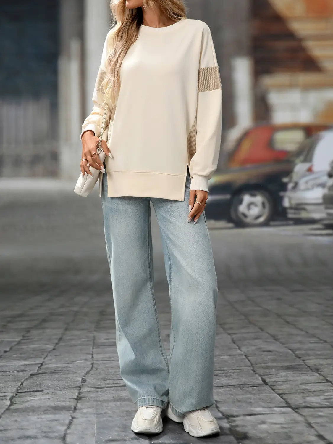 Moda de rua do suéter de pulôver colorida contraste do pescoço redondo para mulheres