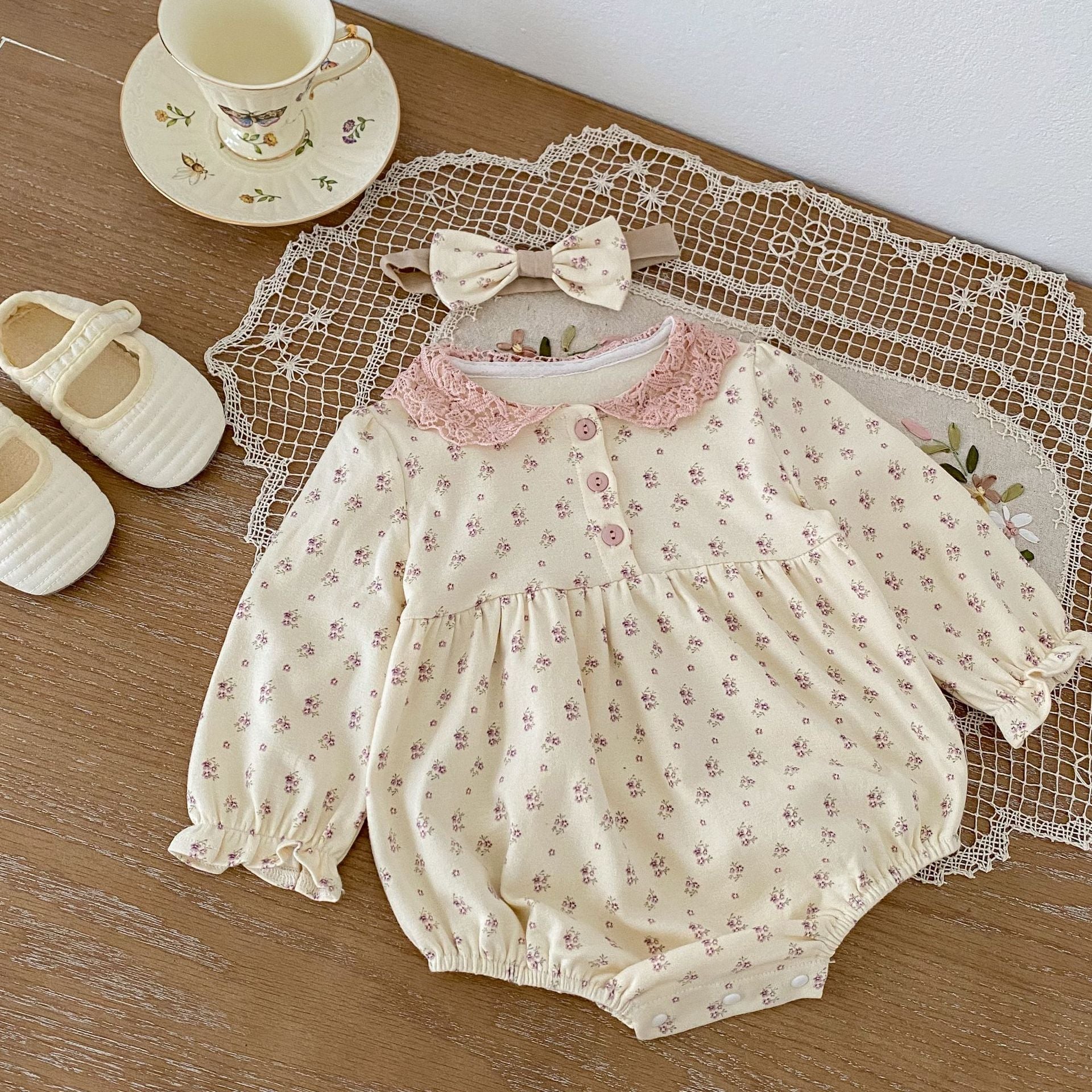 Baby And Children’s Printed Romper Long-sleeved Bodysuit Triangle Climbing Suit Hair Band - Baby And Children’s