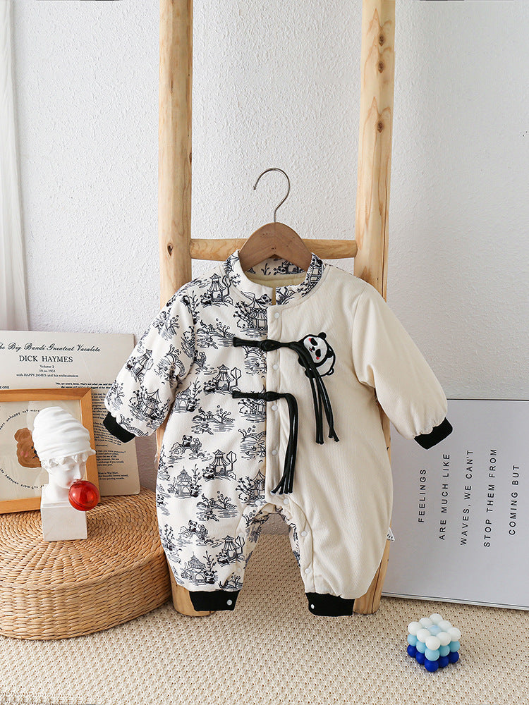 Baby Autumn And Winter Onesie Newborn Chinese Wind Panda Go Out Clothes Plus Velvet Thickened Romper - Snuggly Panda