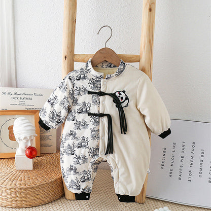 Baby Autumn And Winter Onesie Newborn Chinese Wind Panda Go Out Clothes Plus Velvet Thickened Romper - Snuggly Panda