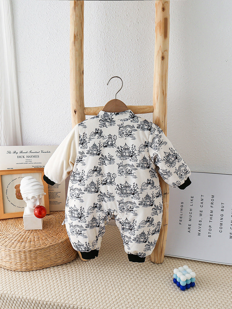 Baby Autumn And Winter Onesie Newborn Chinese Wind Panda Go Out Clothes Plus Velvet Thickened Romper - Snuggly Panda