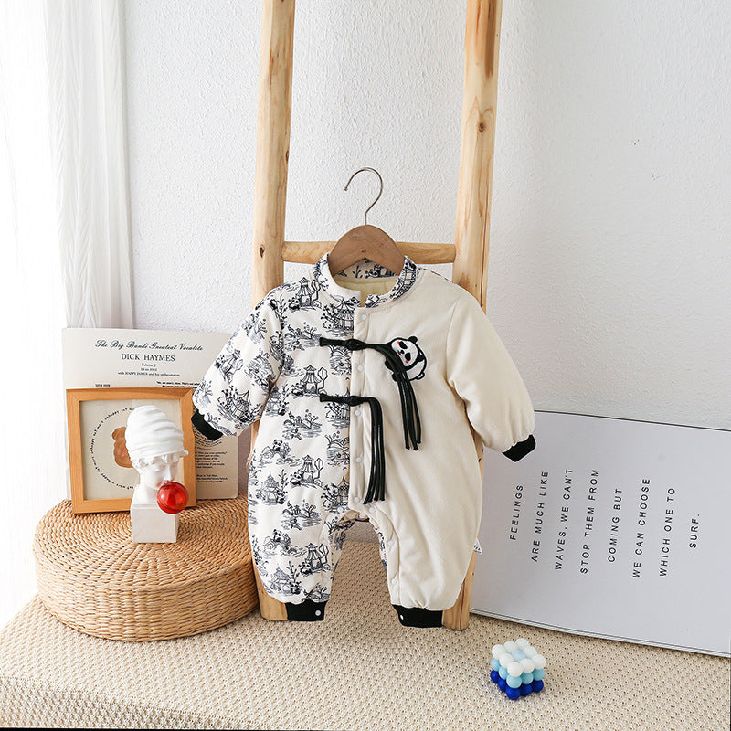 Baby Autumn And Winter Onesie Newborn Chinese Wind Panda Go Out Clothes Plus Velvet Thickened Romper - Snuggly Panda