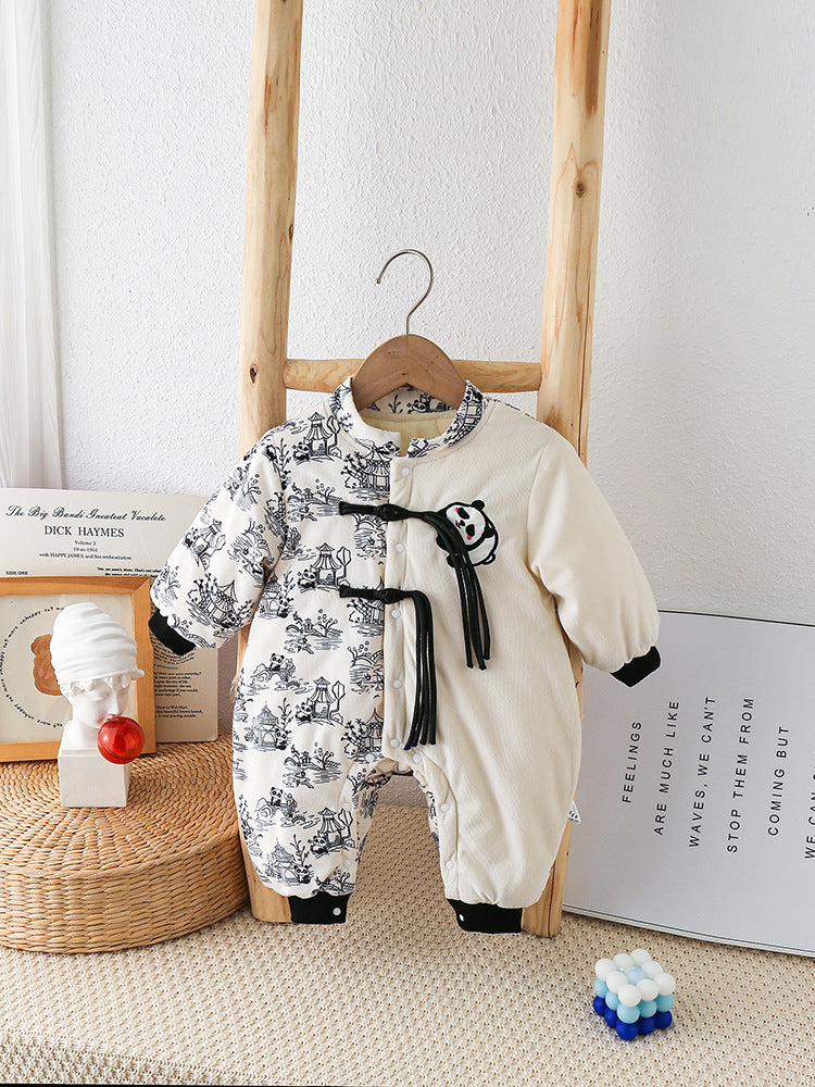 Baby Autumn And Winter Onesie Newborn Chinese Wind Panda Go Out Clothes Plus Velvet Thickened Romper - Snuggly Panda