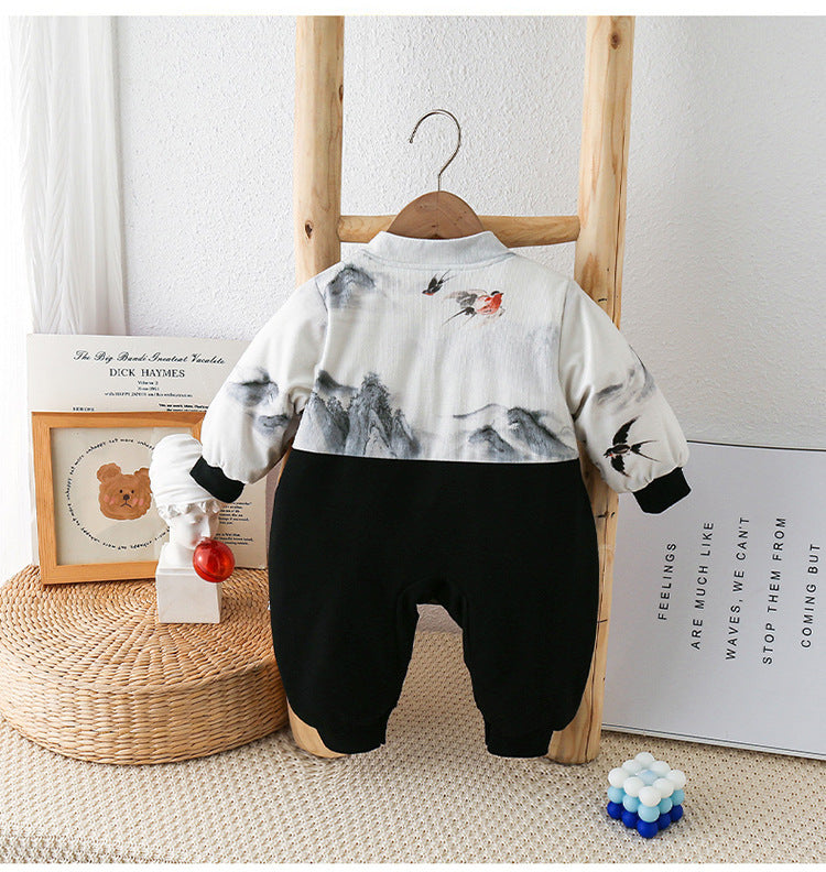 Baby Autumn National Style Cartoon Jumpsuit With Plush Climbing Suit - Tiny Tots Adventure in Cozy Cartoon Jumpsuit