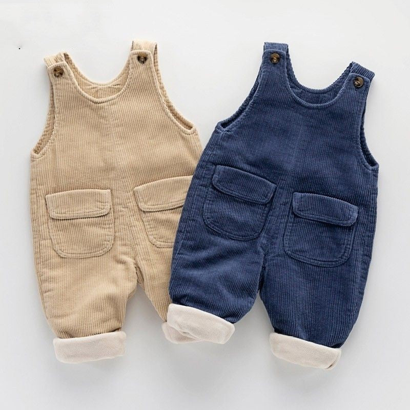 Beige and Blue Corduroy Bib Pants for Children US Sizes CHF CH from Asia - That Keep Messy Eaters Fashionable united