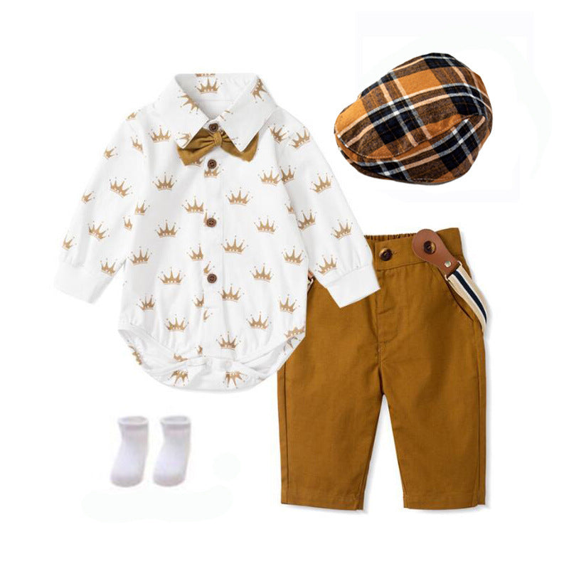 Baby Boy Gentleman Dress Infant Long-sleeved Trousers Triangle Rompers Suit - Dapper Baby Boy Romper for Tiny Gentlemen