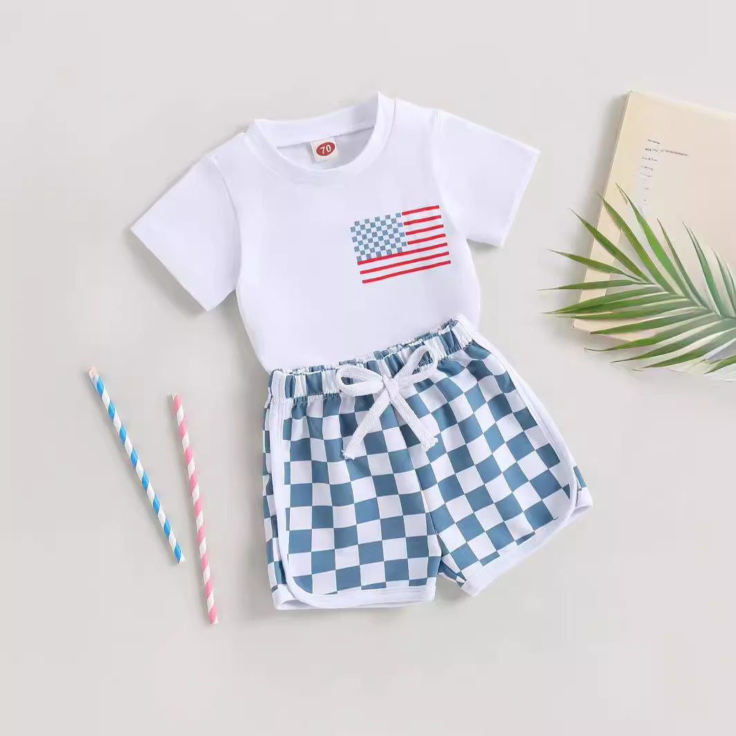 Baby Boy Shorts Short Sleeve Printed Chessboard Plaid Two-piece Set - Tiny Trendsetter Baby Boy Chessboard Chic Set